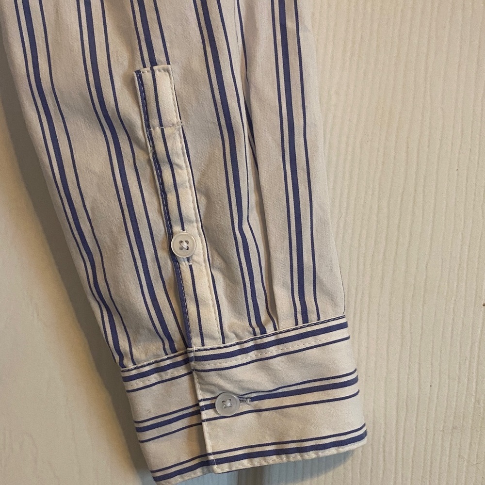 Minimalist boho business casual button up Nine West Blue and White Striped Shirt - Picture 5 of 6